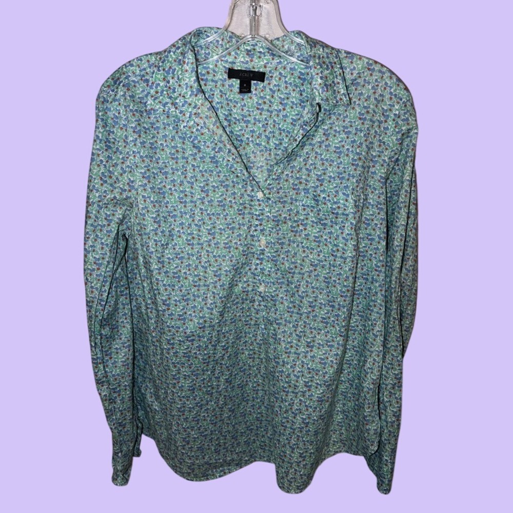 J.Crew Womens Blue Green Ditsy Floral Popover Blouse‎ Long Sleeve Size 8